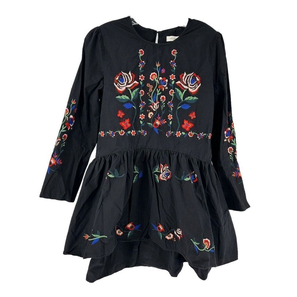 Velzera Mini Dress Black Heavily Embroidered Long Sleeve Bohemian Size S Floral